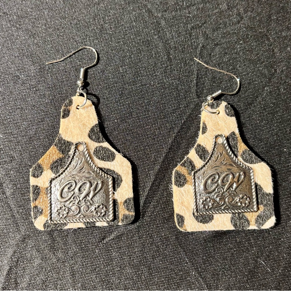 Leopard print cow tag earrings